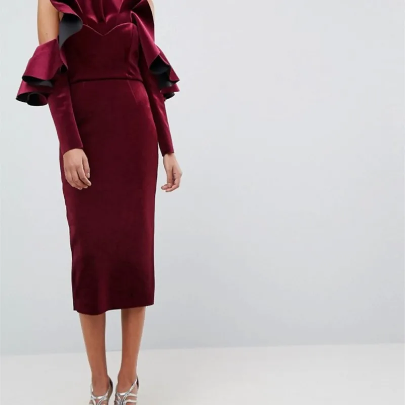 Wine red thick velvet breast fish bone ruffled shape wedding pencil strap dress