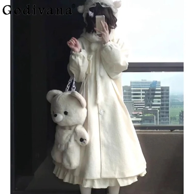 

Autumn Winter Japanese Style Woolen Coat Women's Hooded Mid Length Wool Coat Female College Style Lolita Sweet Jackets