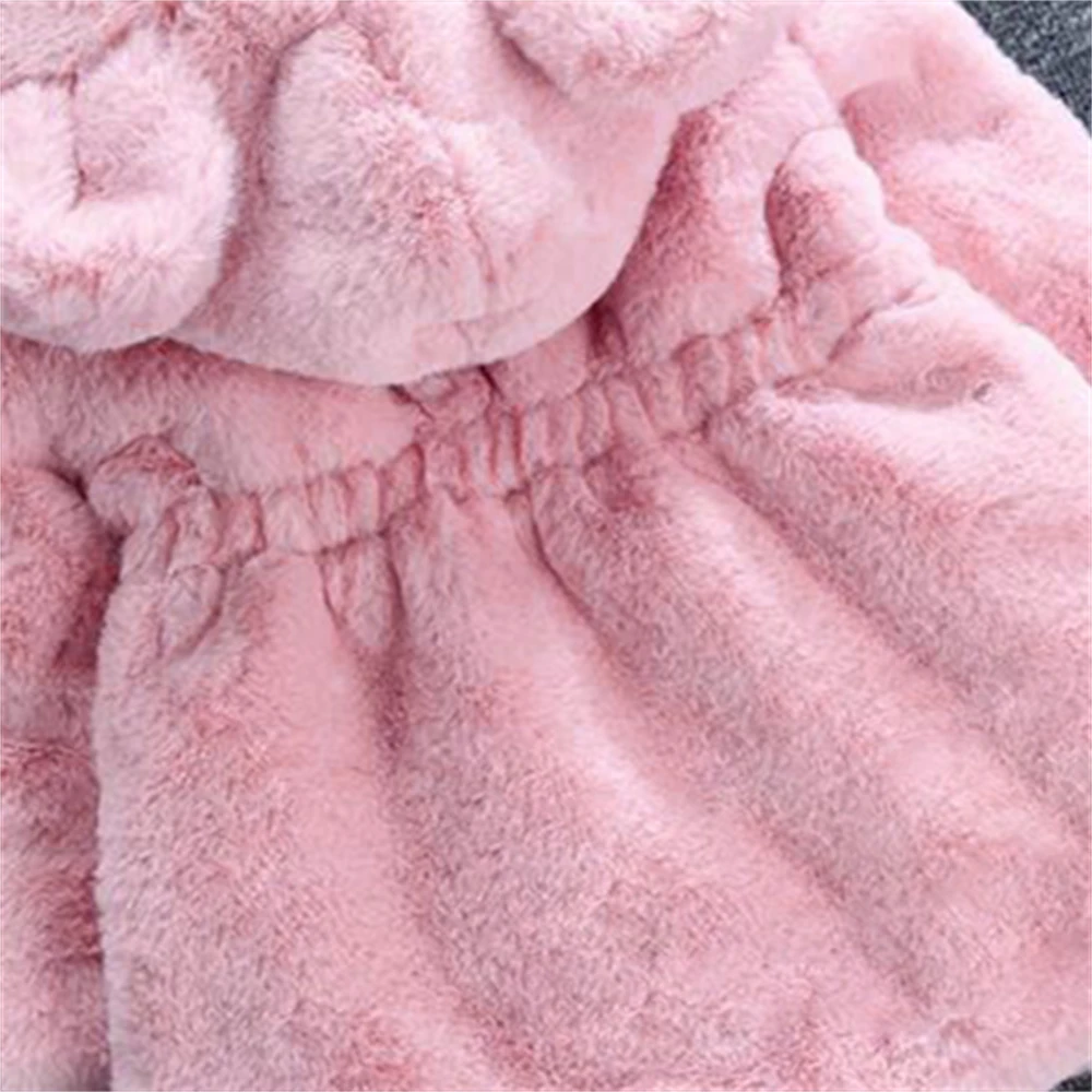 Winter Cute Hairy Girl\'s Coat Baby Girl Solid Color Bear Ears Hooded Waist Zipper Warm Versatile Coat