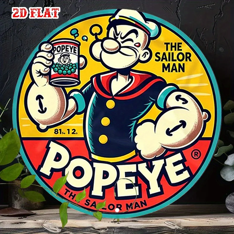 Letrero Metálico Redondo con Diseño Retro de Popeye el Marinero, Acabado Vibrante y Estilo Plano 2D - Estilo Pop Nostálgico