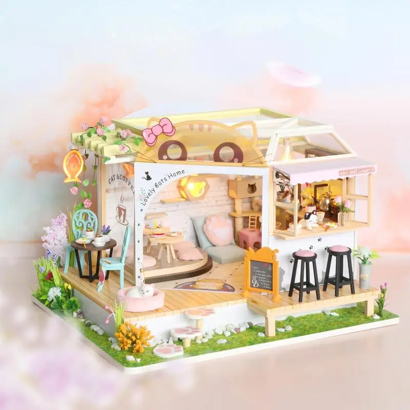 2-in-1 DIY Miniature House Kits - Cat Café Backyard & Tailor Shop 3D Wooden Puzzle Handmade Creative Gift for Her Wholesale