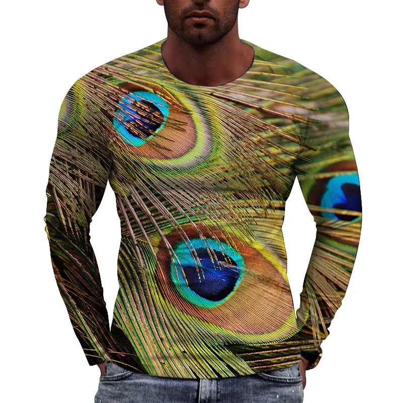 New Tide Peacock Feather  Pattern  European Size Long Sleeved T-shirt For Men's Casual Autumn Trend Top Round Neck Tees