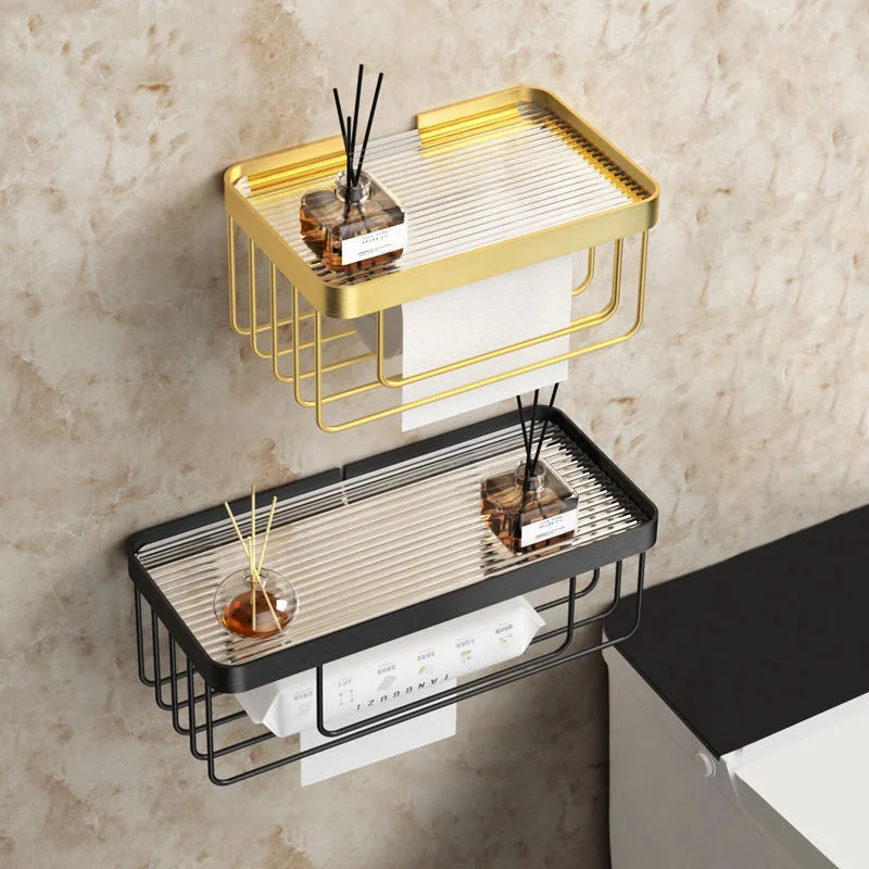 Bathroom Toilet Tissue Box Brushed Gold Acrylic Storage Box Wall Mounted Toilet Paper Holder Aluminum Basket Storage Rack