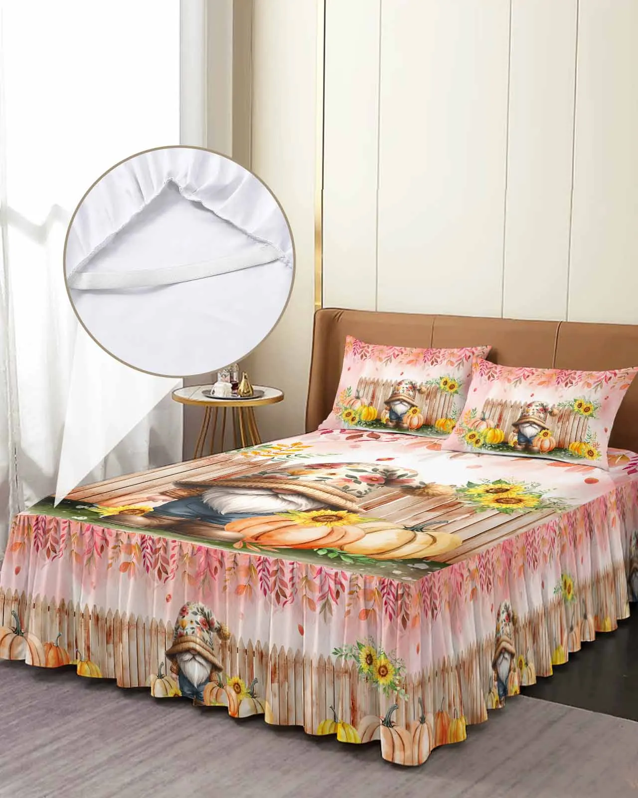 Thanksgiving Plant Fence Sunflower Pumpkin Skirt Elastic Fitted Bedspread With Pillowcases Mattress Cover Bedding Set Bed Sheet