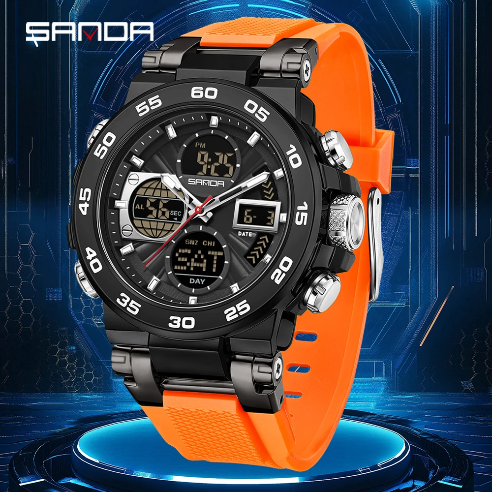 SANDA 6312 new tape sports watch dual monitor dual core 5ATM waterproof multifunctional men's electronic watch