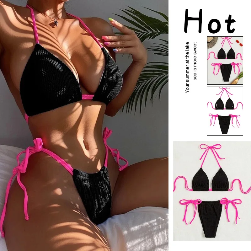 

2024New Halter Strap Beach Bikini Swimsuit Three-Point Hot Spring Swimsuit for Women Summer