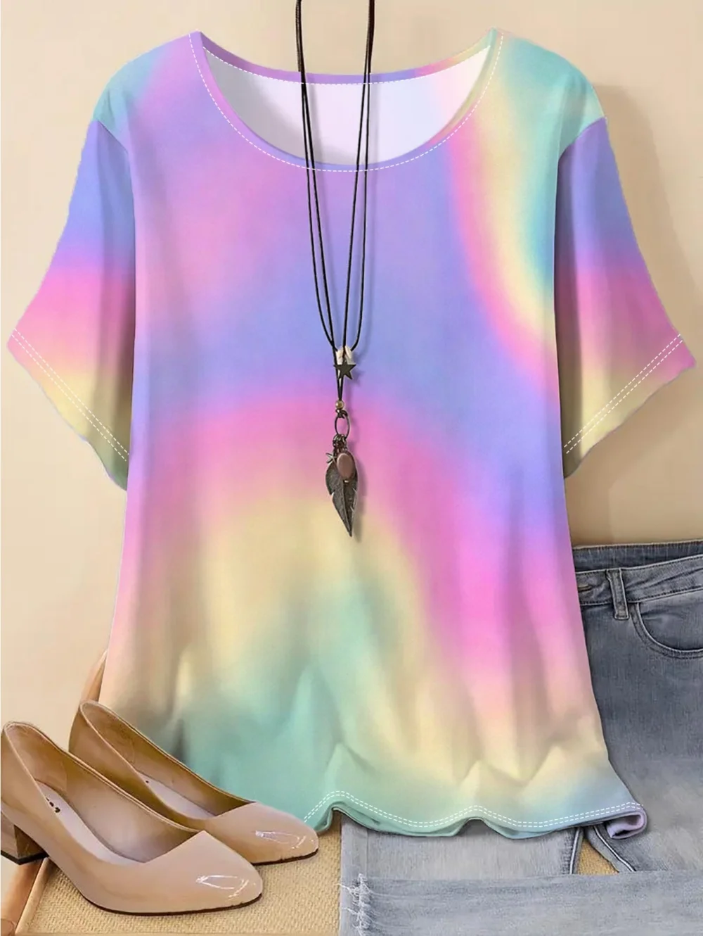 Farbverlauf T-Shirts 3D-Druck Damen Kurzarm-T-Shirt Lässige O-Ausschnitt Oberteile Y2k Tees Lockere Sommer Outdoor Damenbekleidung – Detail 3