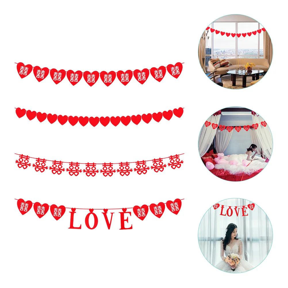 4 Sets Wedding Decorations Love Happy Word Pull Flower Bunting Just Married Bridal Shower Banner The Party Red Bride