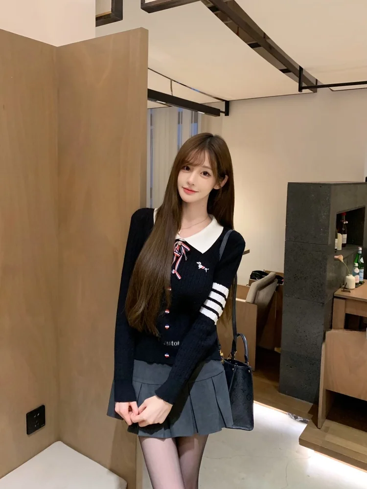 

Korean Sweet School Girl Sle Knitted Ne Sweater with Knot Embroidered Doggies Soft Stretchy Autumn Base irt