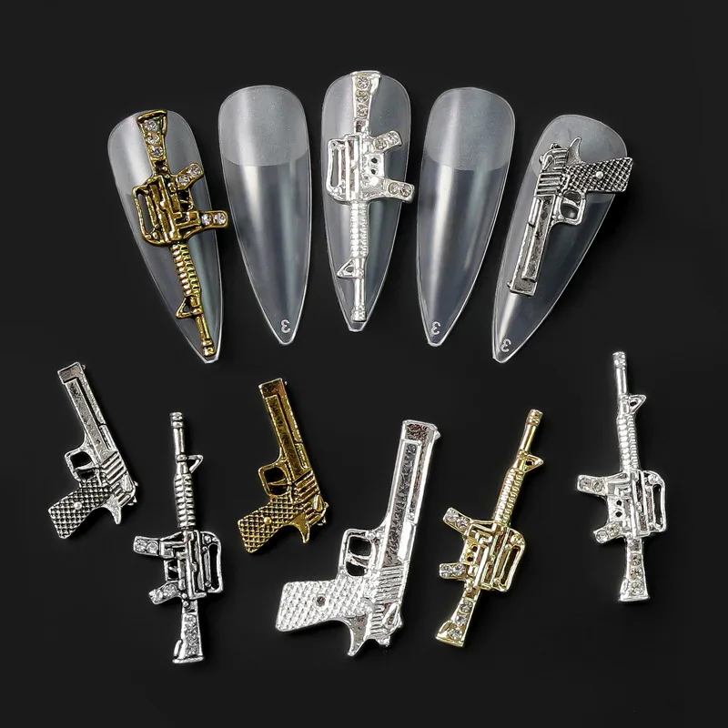 Metail Firearms Nail Charms, Manicure Decor, Nails Rifle Pistola, Submetralhadora Design Decorações, Ouro e Prata Acessórios, 10pcs