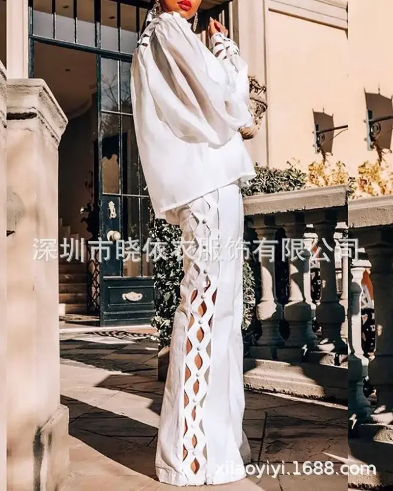 Two Piece Sets Women Solid Casual Hollow Out Full Puff Sleeve Turtleneck Tops Wide Leg Long Pants Set Loose Temperament 2023