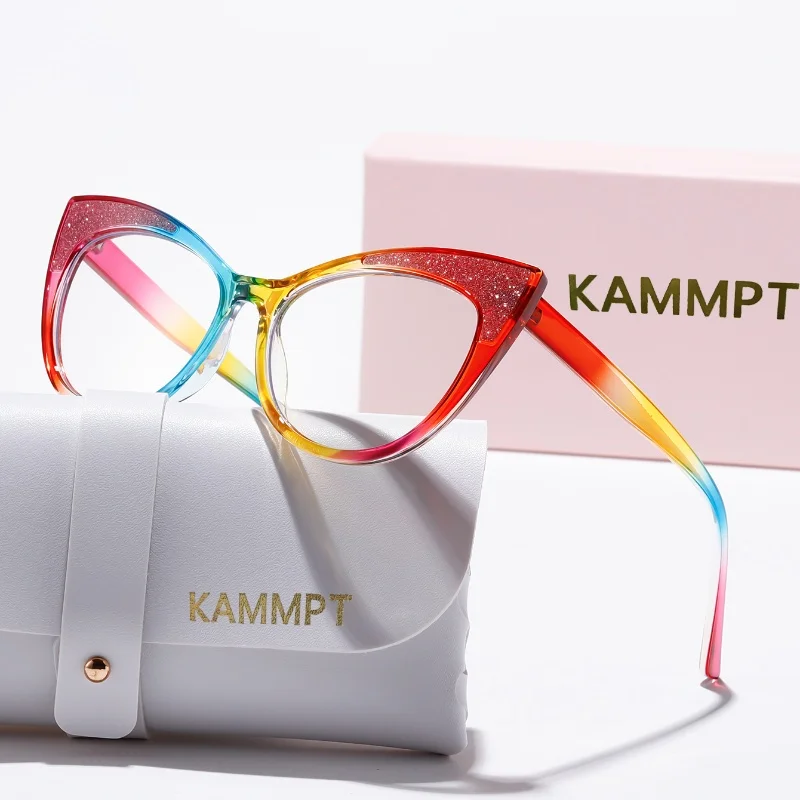 KAMMPT Vintage Cat Eye Glasses Women 2024 Fashion Multi-color Rim Optical Frames Trendy Brand Design Blue Light Blocking Eyewear