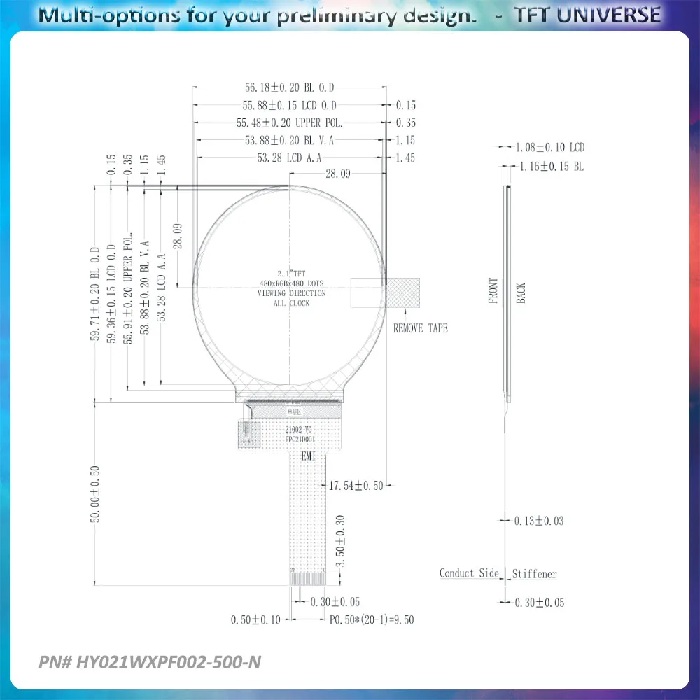 2.1 polegadas 480x480 display redondo colorido tft tela circular alto brilho interface mipi resolução 480p display redondo digital