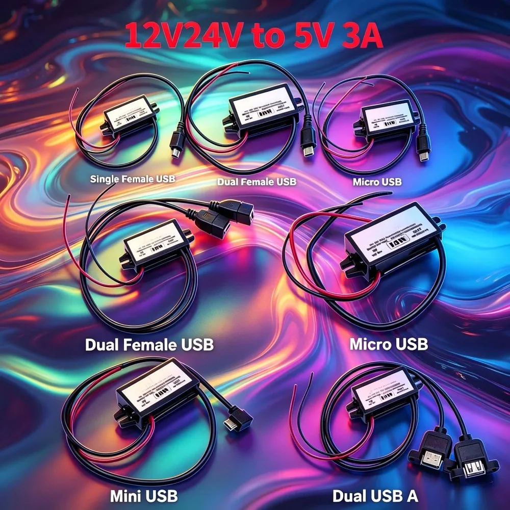 12V24V to 5V 3A Power Supply Module  Male Female USB Adapter Mini USB Micro USB Adapter DC-DC Step Down Buck Converter for Car