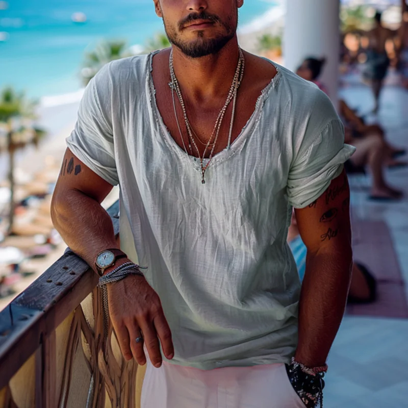 

Cross-border European and American Plus Size Men's Summer Thin Casual Loose Solid ColorVHalf SleeveTT-shirt