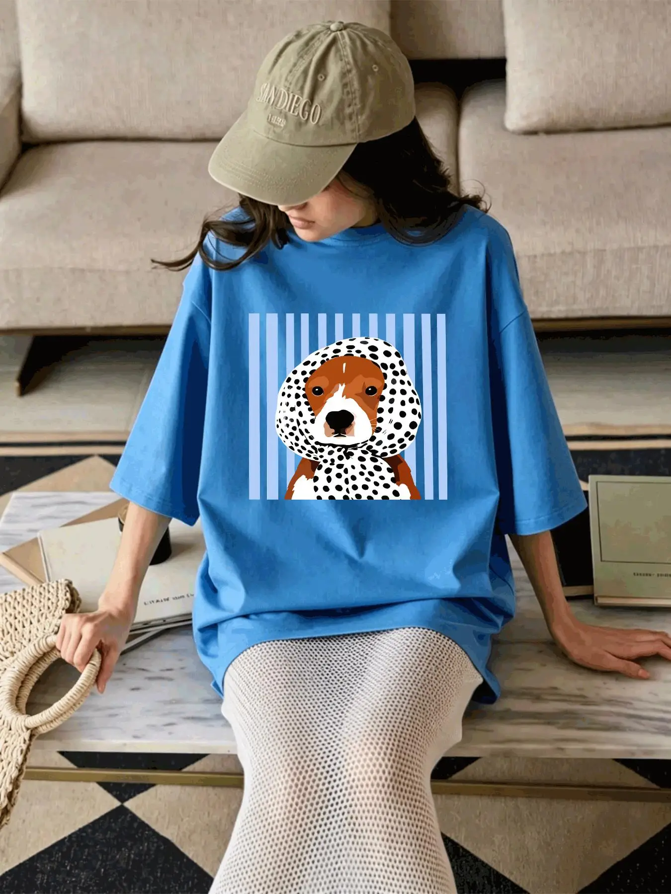 Blue Striped Headscarf Dog Print Women T-Shirt Casual Loose Short Sleeve Cotton Summer T Shirts Hip Hop Y2K O-Neck Streetwear