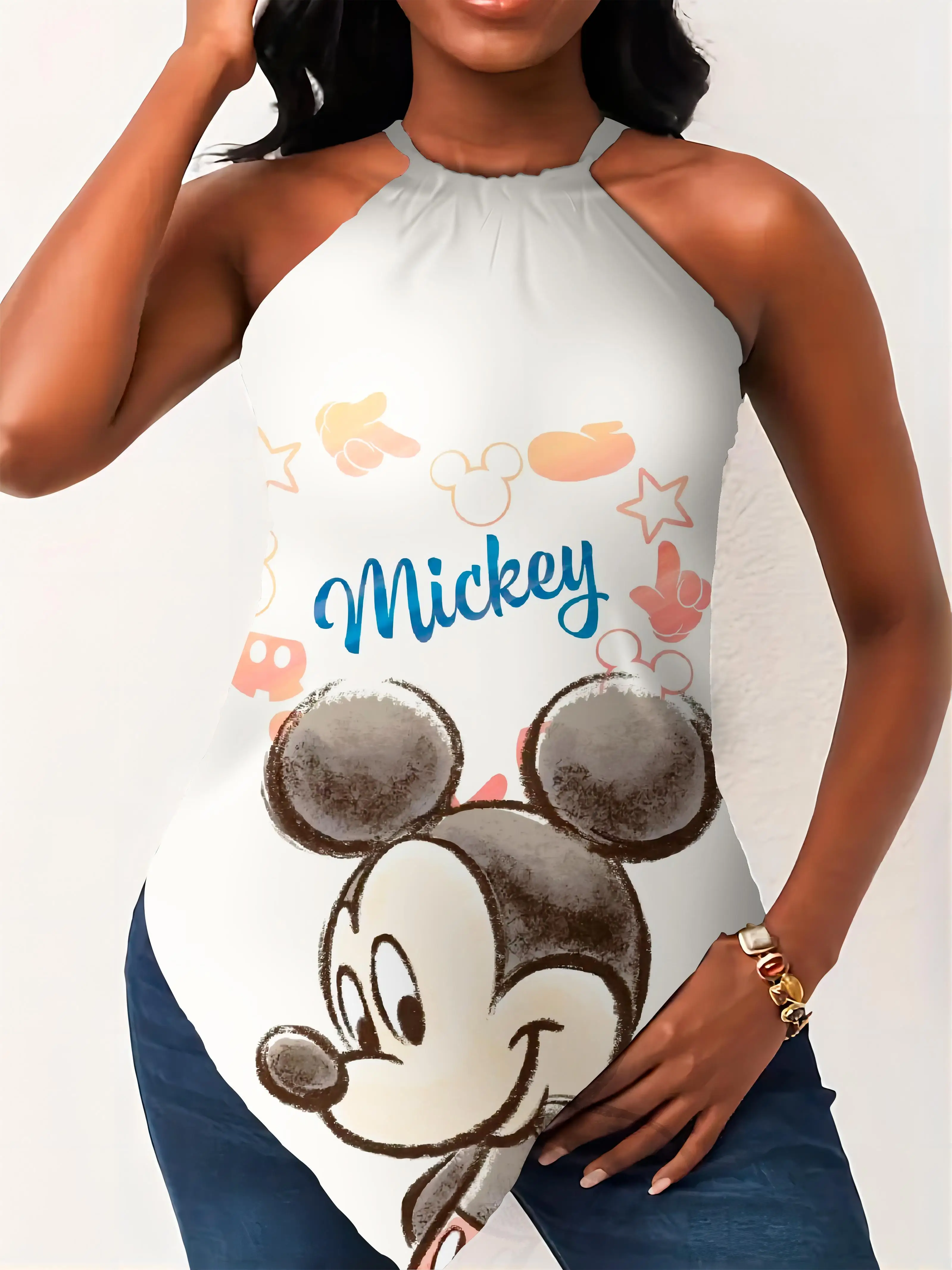 Top Disney Hanky Hem Women's T-shirt Mickey T-shirts Woman Summer 2024 Minnie Mouse Halter Y2k Crew Neck Sumer Clothes Top Neck