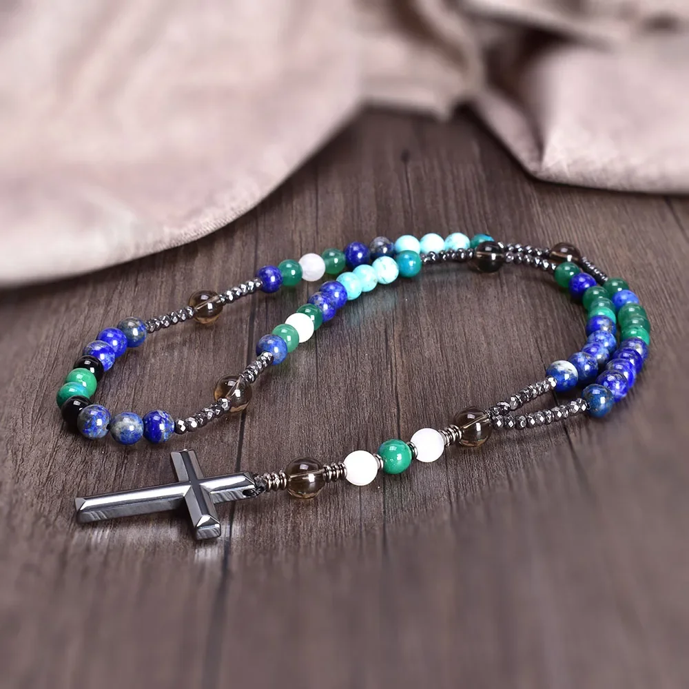 Natural Lapis Lazuli Mala Beads Cross Catholic Christ 5-decade Rosary Necklaces Hematite Pendant Necklace for Women and Men Gift