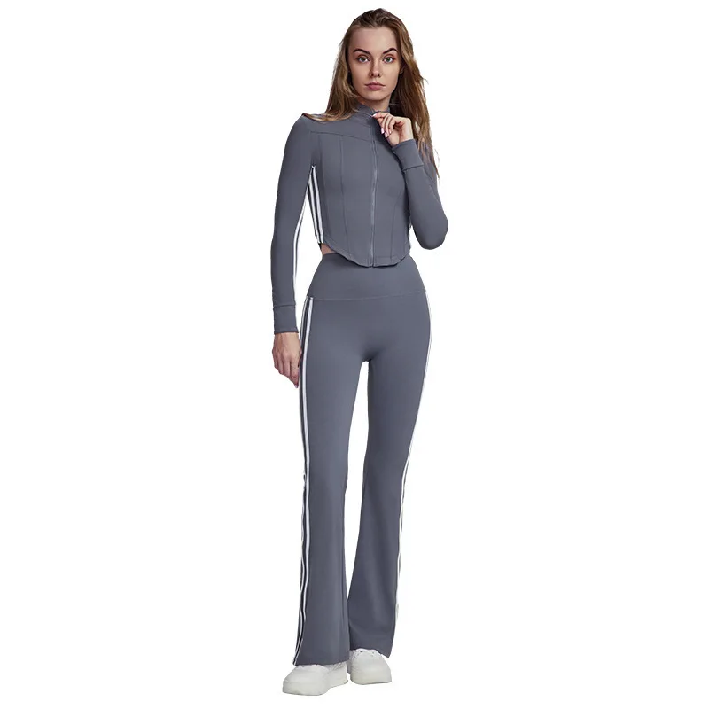 Women Striped Fall Workout Set High Waist Butt Lifting Yoga Outfit Naked Feel Stretch Jacket Suit For Running Gym Fitness Traini