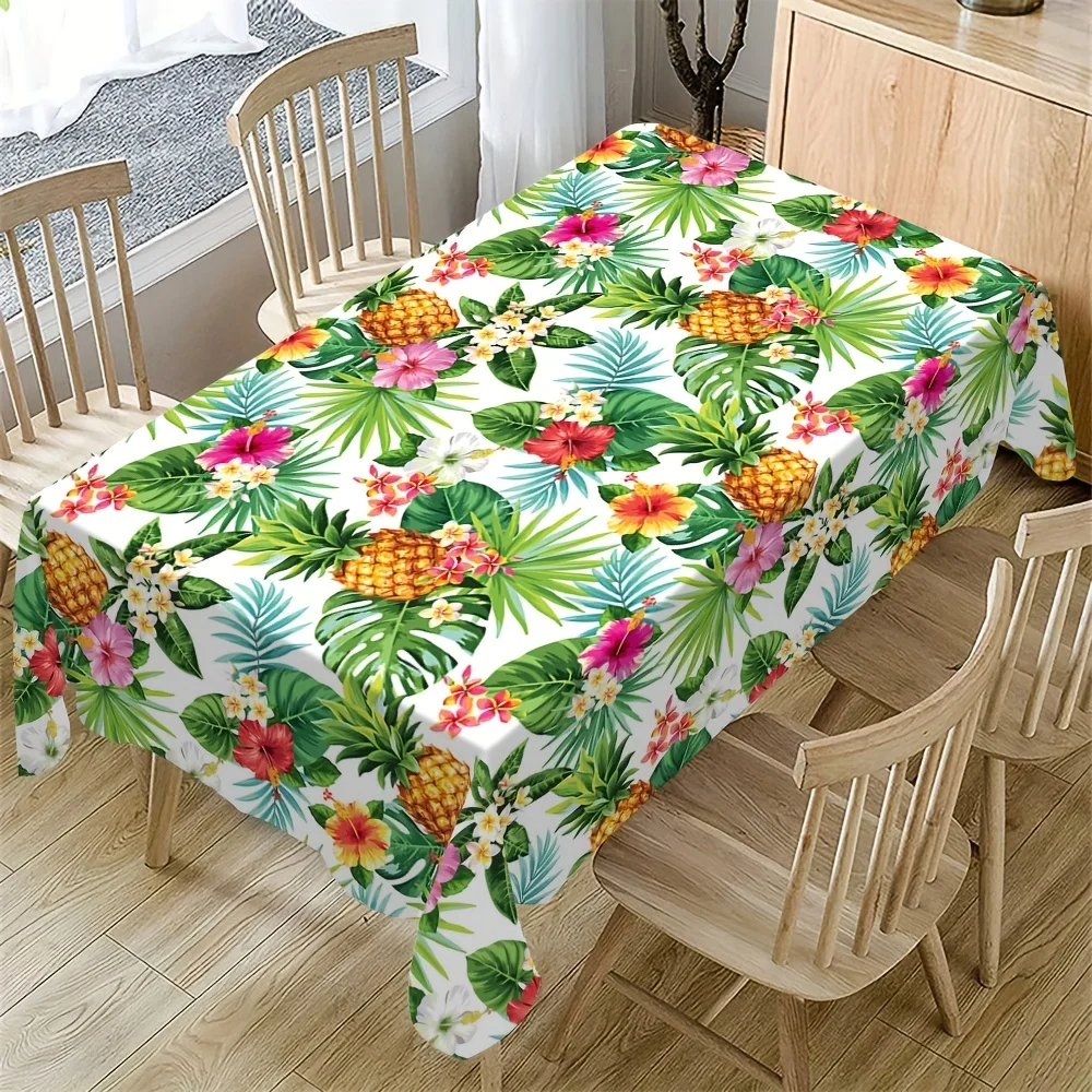 1pc Hawaiian Tablecloth Suitable for Kitchen Dining Party Decor - Vibrant Tropical Pineapple Palm & Hibiscus Flower Design, Durable Rectangular Table Cover with Easy-Clean Fabric for Hawaiian Luau Wedding Shower Decorations