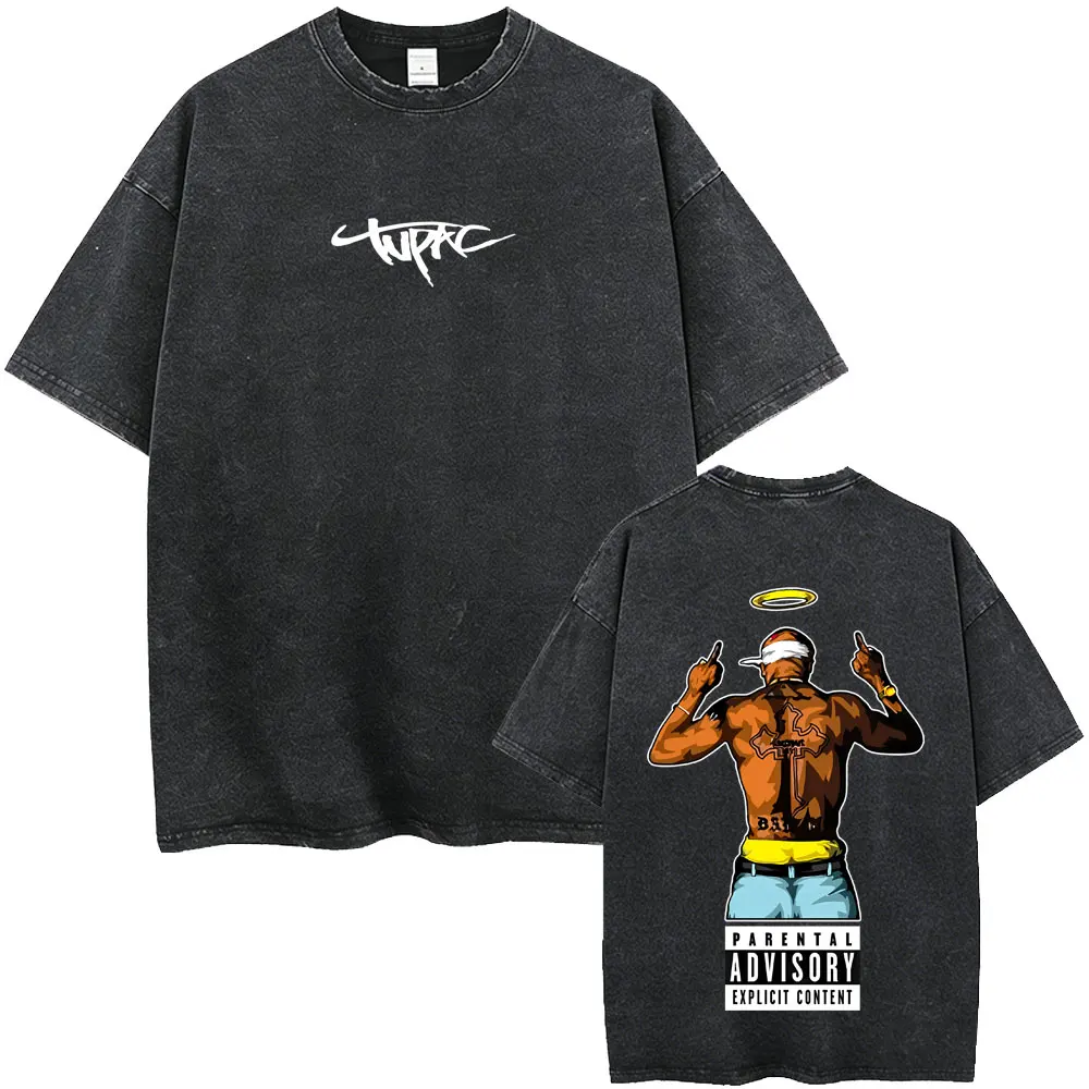 Washed Vintage Rapper Tupac 2pac Double Sided Print T-shirt Men Women Hip Hop Fashion Retro T Shirt Male Casual Oversized Tshirt