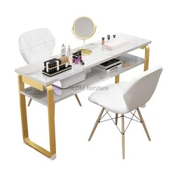 Mesas de uñas de diseño, muebles dobles para salón de belleza, mesas de manicura profesional, juego de sillas y mesa de manicura de doble capa