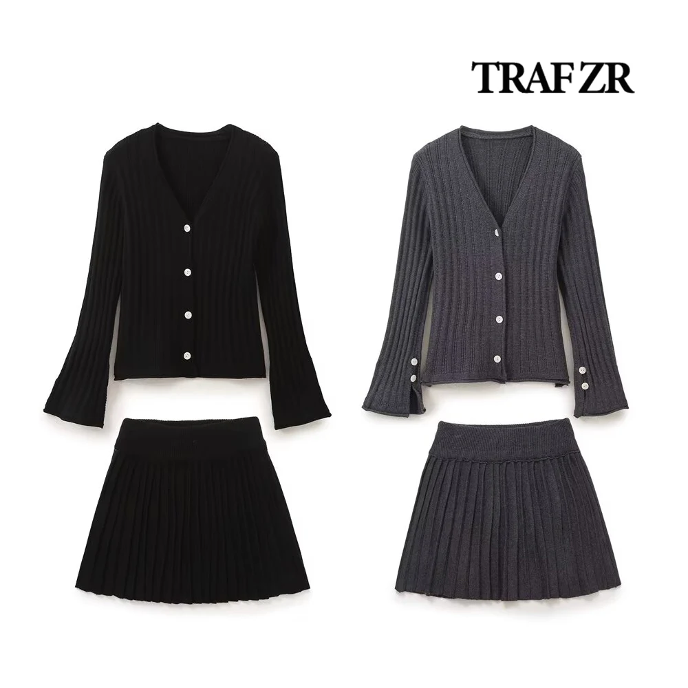 

TRAF ZR Women's Dress Sets 2024 Autumn Knitted Skirt Sets Two Piece Sets Womens Knitwear Long Sleeve Top + Pleated Mini Skirt