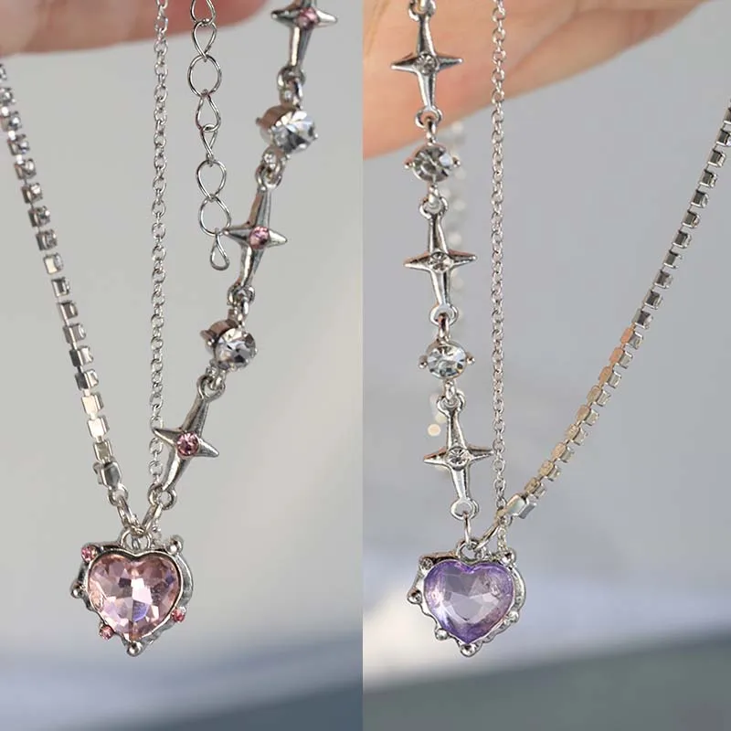 Y2K Purple Pink Crystal Heart Pendant Necklace for Women New Egirl Emo Punk Grunge Clavicle Chain Fashion Valentine's Day Gifts