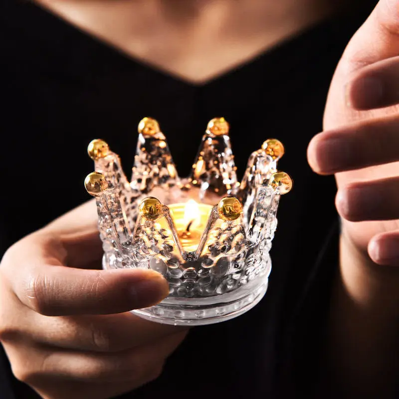 Shiny Crown Shape Glass Candle Holders For Wedding Decorations Modern Home Restaurant Candles Ornaments Candlestick