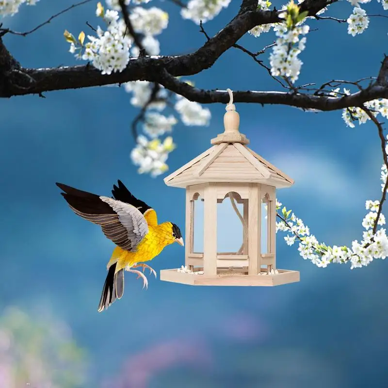 Outdoor Bird Feeder Garden Hanging Bird Food Dispenser Creative Wooden Bird Seed Feeder Container For Backyards Trees Parks