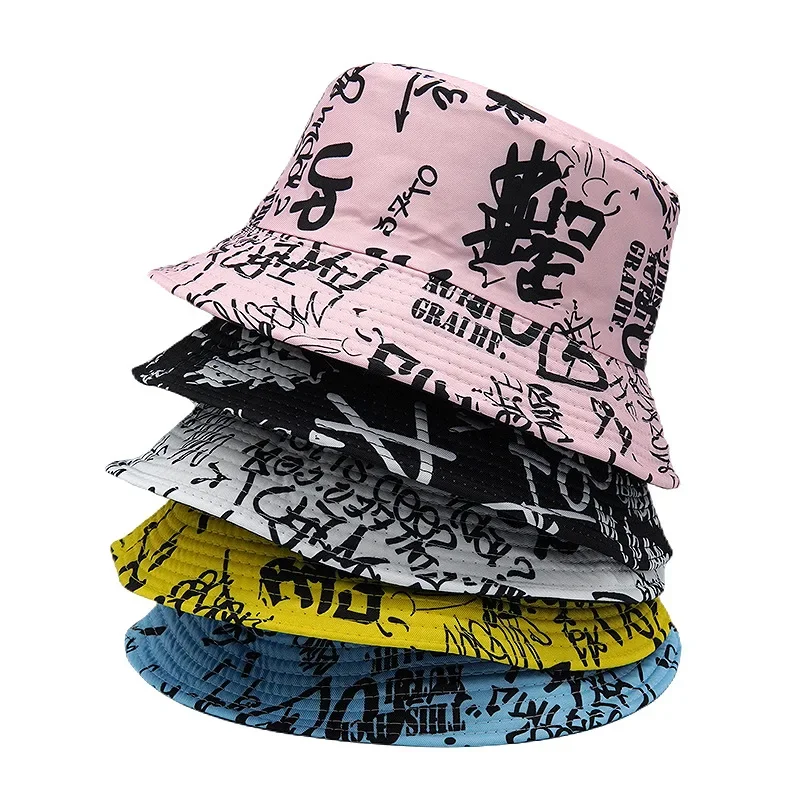 2024 Spring/Summer Number Graffiti Sun-proof Hat Reversible letter Print Bucket Hat Big Brim Unisex Outdoor Fisherman Cap