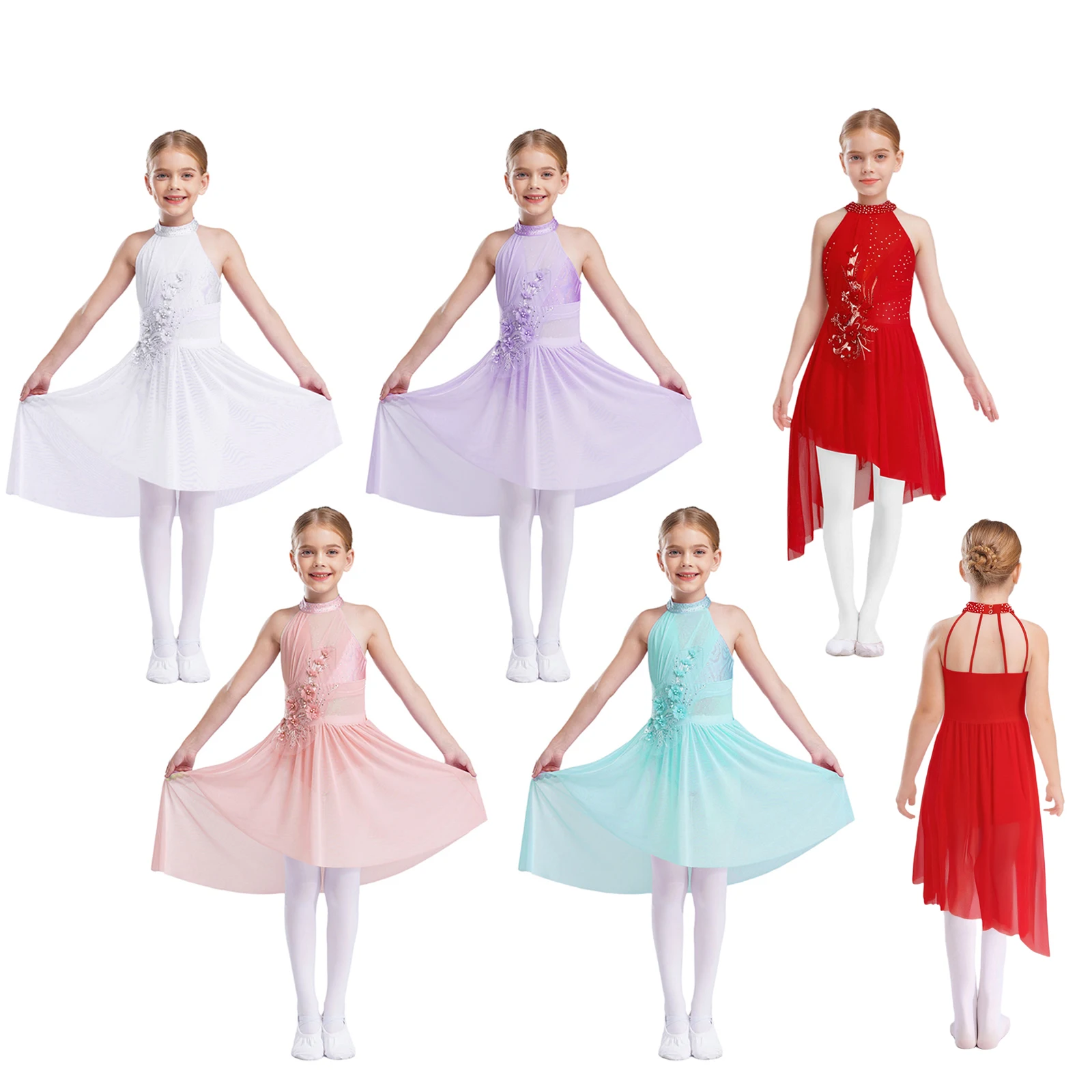 Gaun Tari Liris Balet Anak Perempuan Kostum Panggung Ice Skating Gambar Applique Halus Kelim Tidak Beraturan Tanpa Lengan Berlian Imitasi
