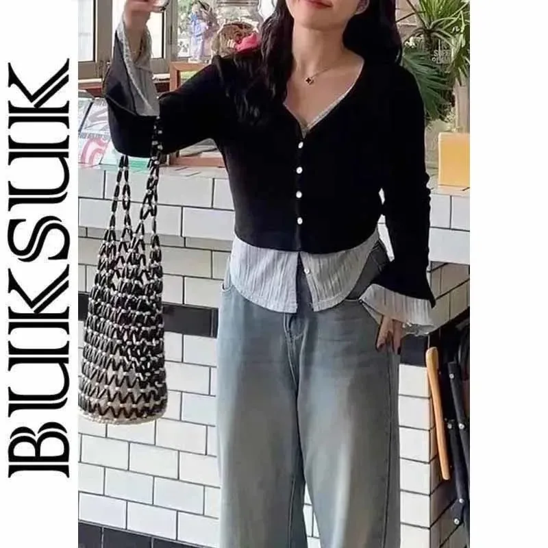 Plus Size Women Fall Fake Two Piece Long Sleeve Top Patchwork Design Slim Fit Hide Belly Casual Blouse