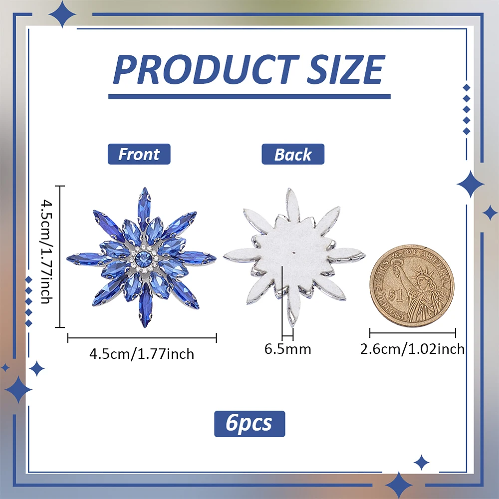 6PCS Snowflake Glass Rhinestone Applique Patches 1.7x1.7inch Sew on Blue Rhinestone Patch Wedding Bridal Decorative Beaded