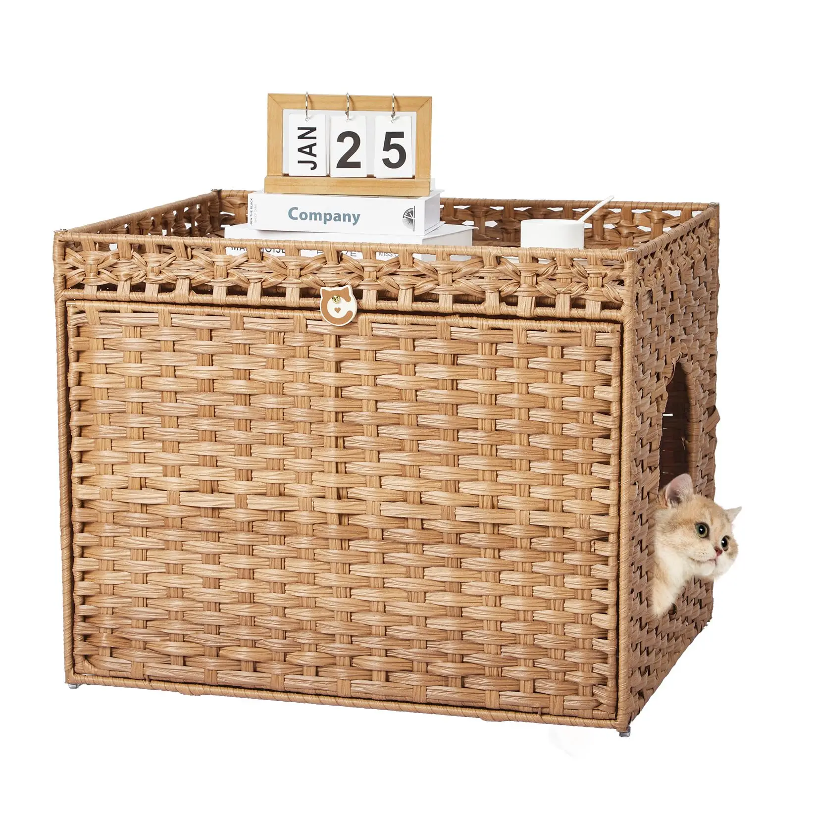 Handwoven Rattan Hidden Cat Litter Box Enclosure – Large Indoor Cat Washroom Furniture with Mat, Fence, for Living Room or Apart