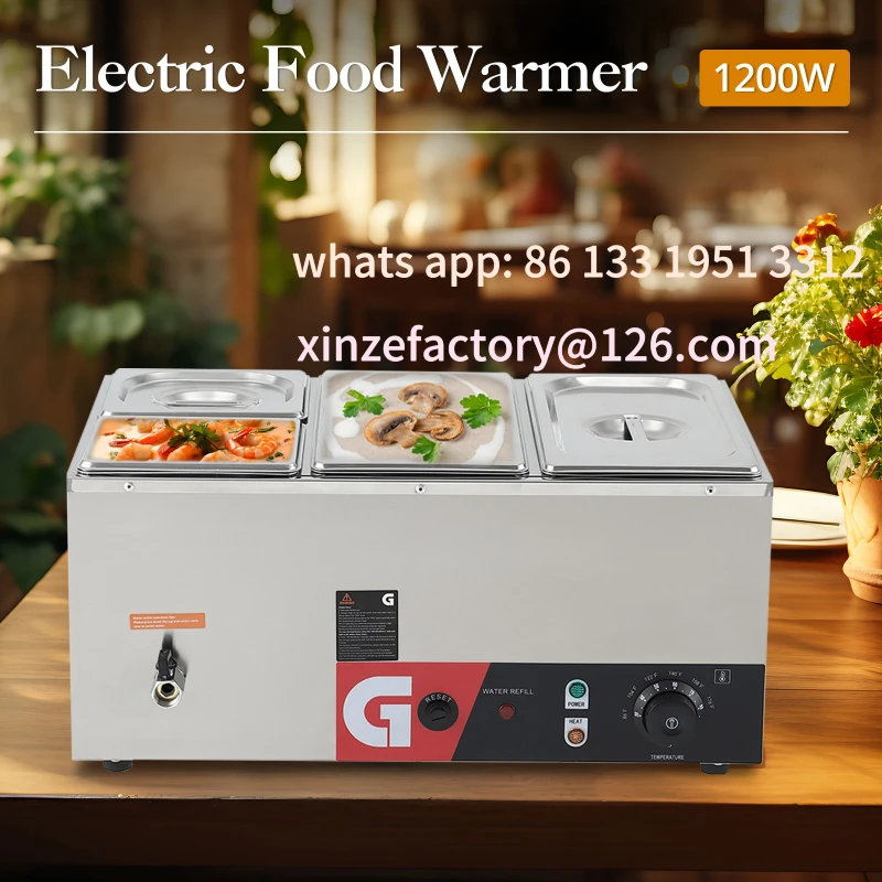 

Customizable Commercial Stainless Steel Food Warmer, Detachable Pans with Lids & Ladles, 1200W Electric Steam Table, Temp Contro