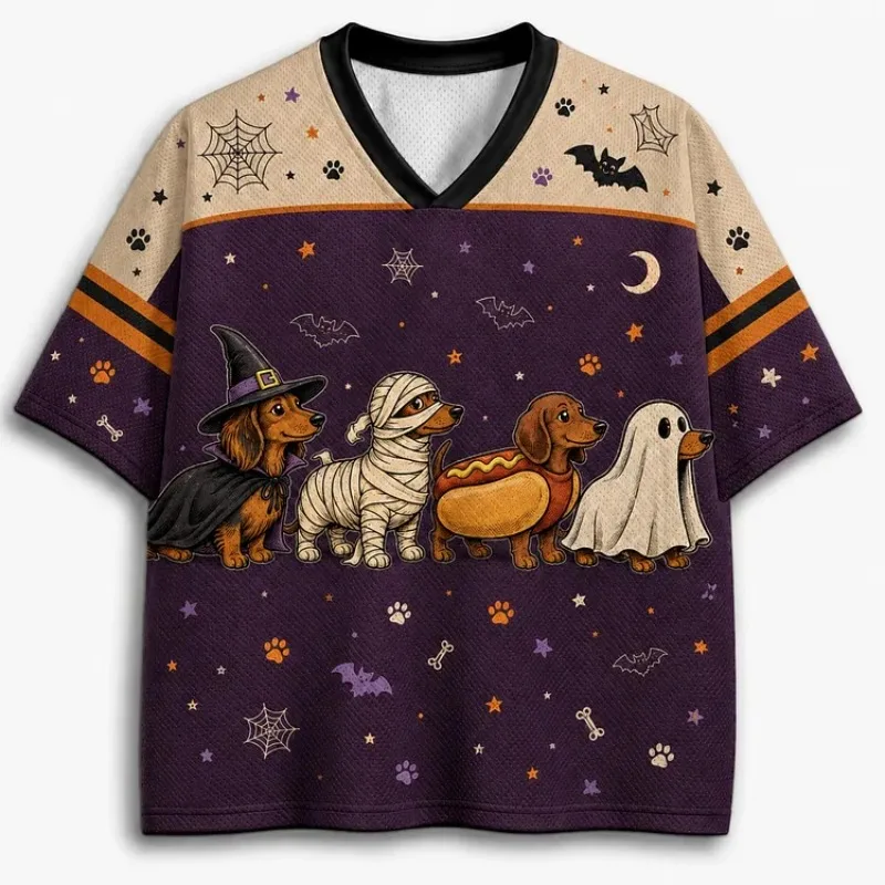 Retro Halloween Themed Ice Hockey Jersey, Mummy Ghost Wizard Costume, Dog Contrasting Loose Top