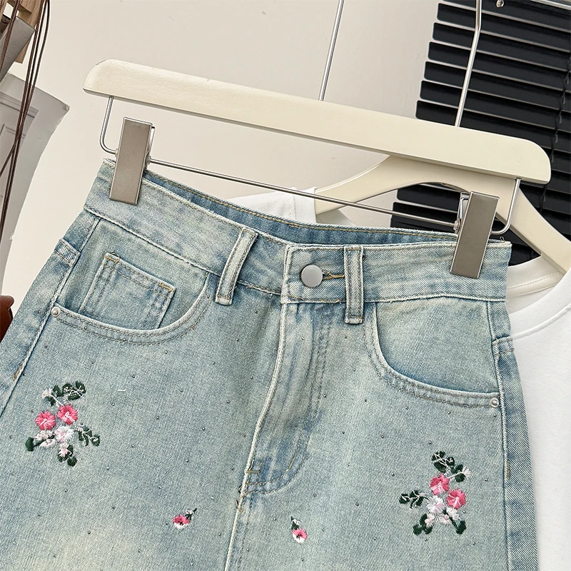 Chic Women Flower Embroidery Sparkling Hot Stamping Denim Short Skirt Summer High Waist Slim Fit Wrap Hip Mini Skirt