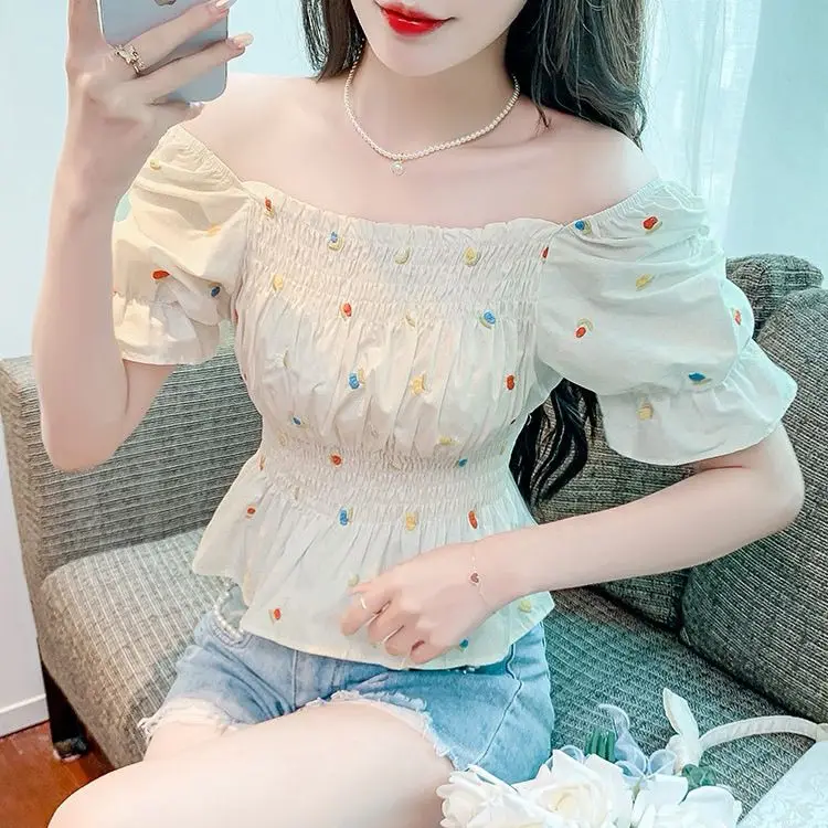 Summer New Square-Neck Floral Short-Sleeve Waist-Cinch Chiffon Top