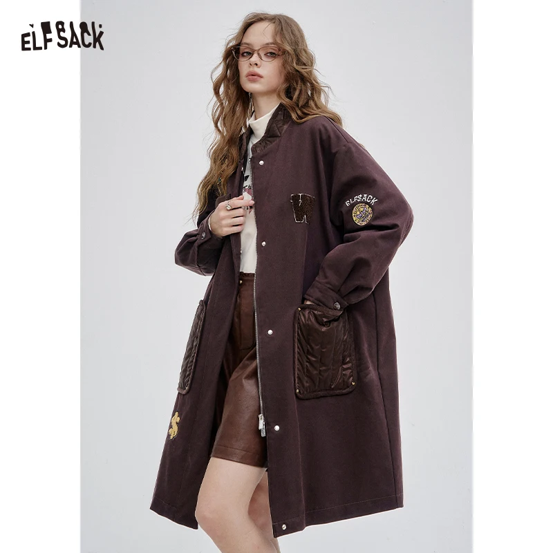 ELFSACK 2025 وصل حديثًا معطف قطني طويل فضفاض برقبة دائرية للنساء