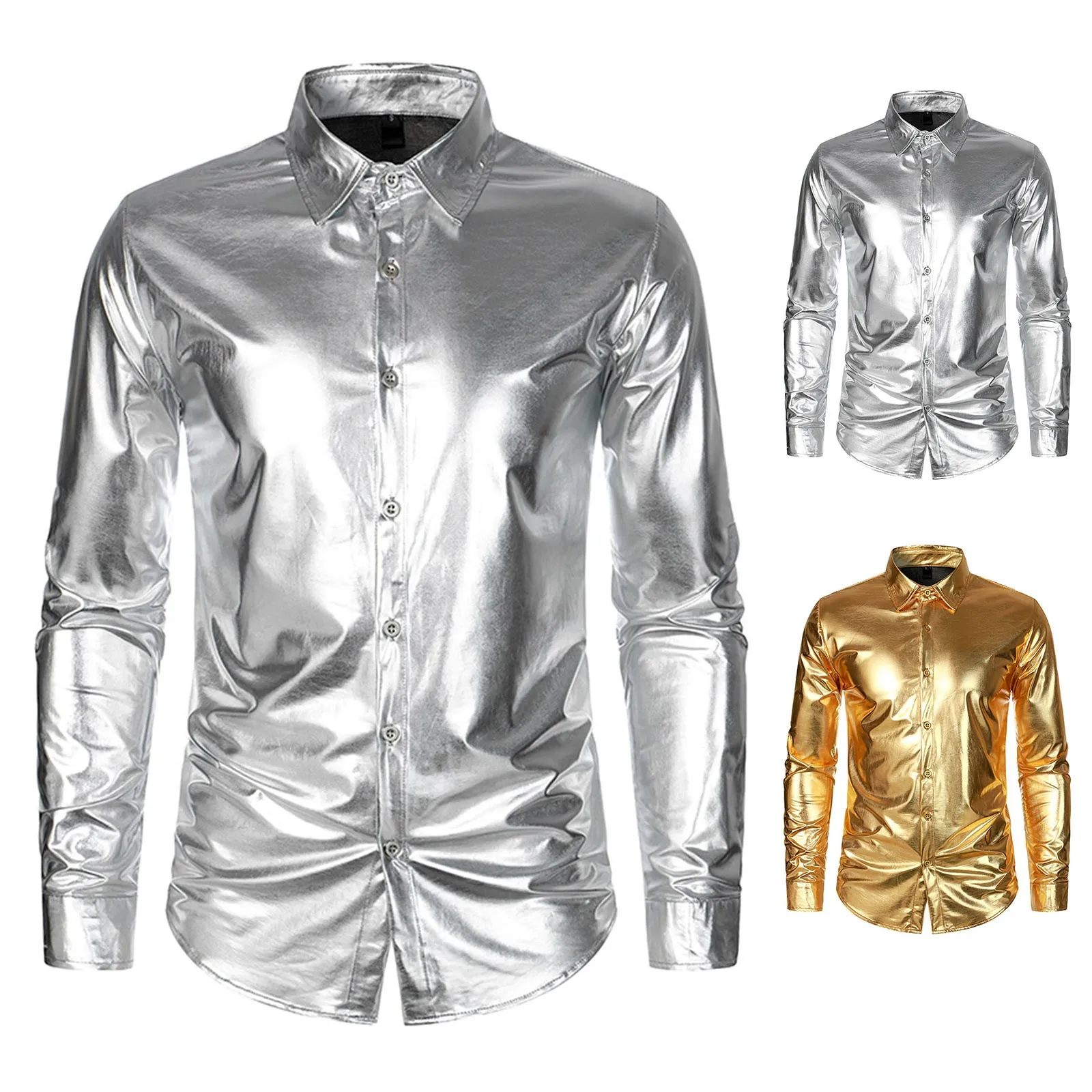 Men\'s Metallic Glossy Long Sleeve Shirt Gold Silver Nightclub Party Shiny Shirt Vintage Disco Casual Party Halloween Costume