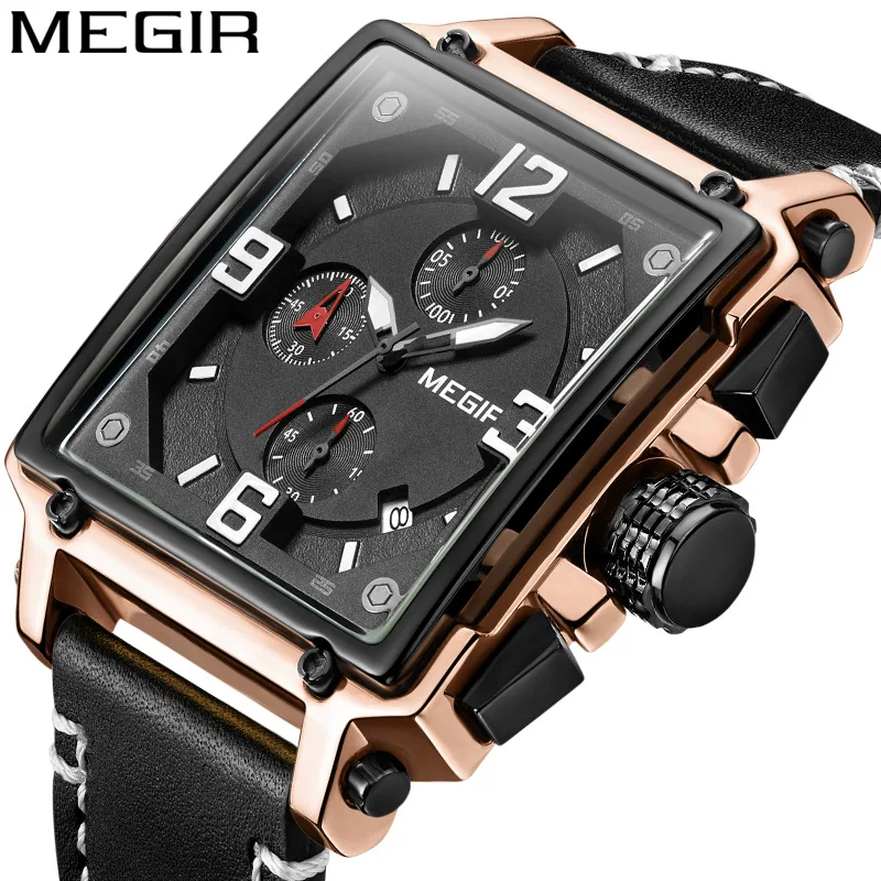 MEGIR 2061 Luxury Business Men\'s Watches Multifunctional Square Dial Waterproof Steel Luminous Calendar Fashion Wristwatches