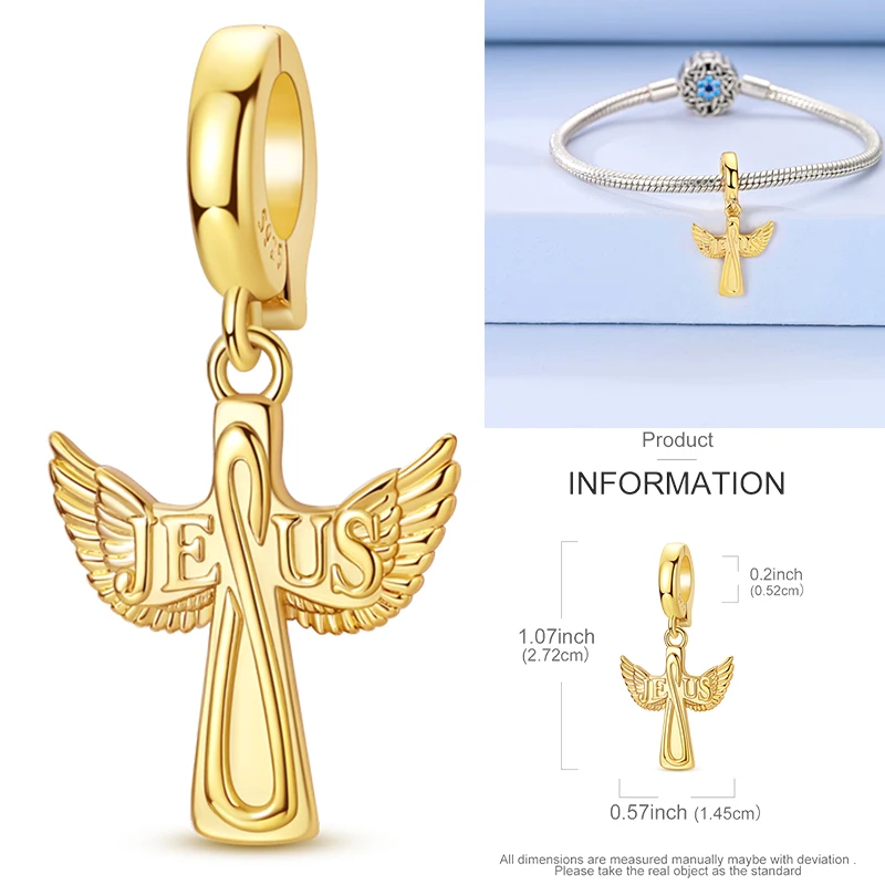 925 Sterling Silber Christlicher Engel-Kreuz-Charm-Perlen Schutzengel-Flügel Herz Glaube DIY Armband Halskette Geschenk für Frauen – Detail 12