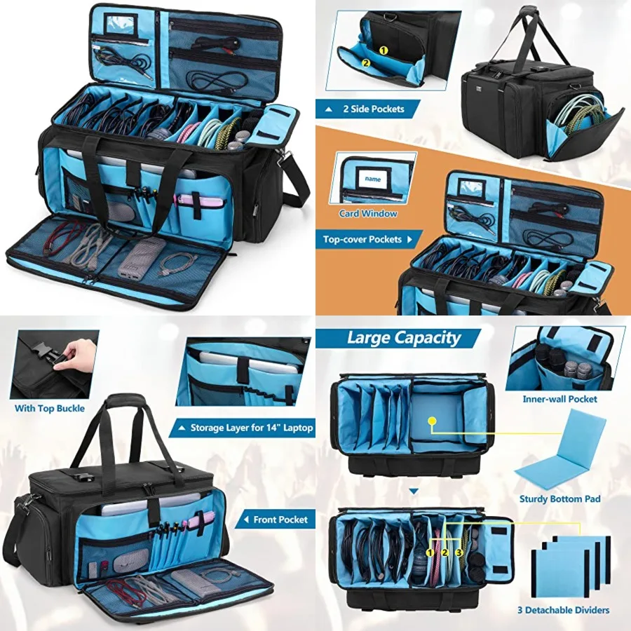 

Large DJ Gig Bag, Travel DJ Cable File Case with Padded Bottom and Detachable Dividers, DJ Gear Storage Organizer for Microphon
