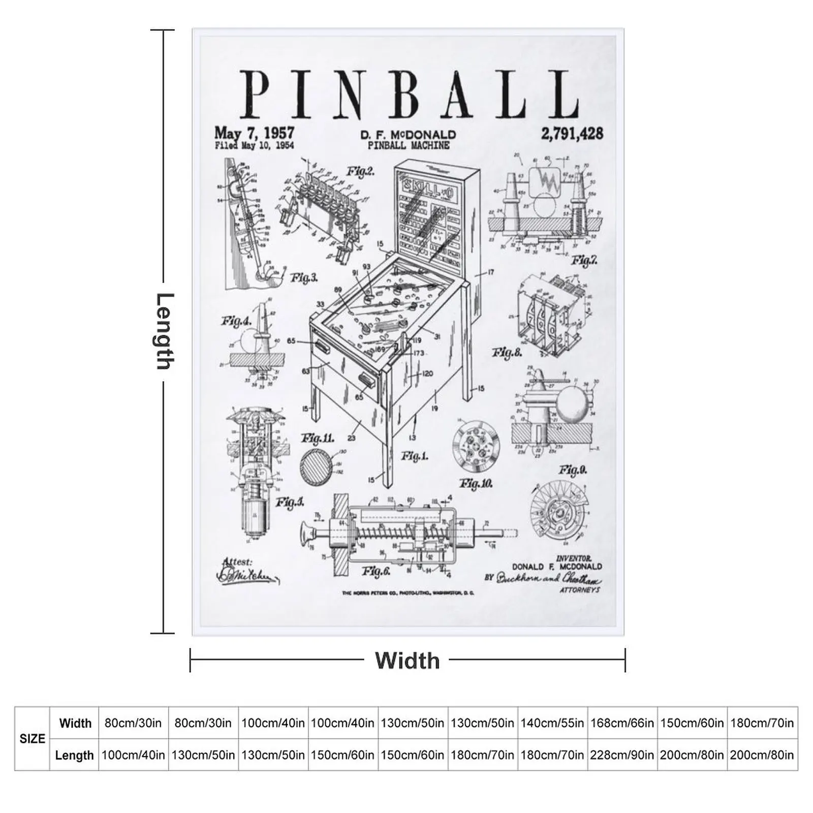 Pinball Arcade Gaming Machine Vintage Gamer Patent Print Throw Blanket couch cozy soft plush fuzzy picnic outdoor blanket