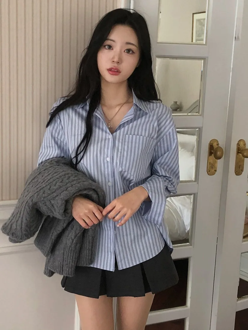 

Spring 2025 Women's Chic Striped irt Vintage Turn-down Collar Single-button Ele Top Sweet Blouse Loose Fit Long Sve