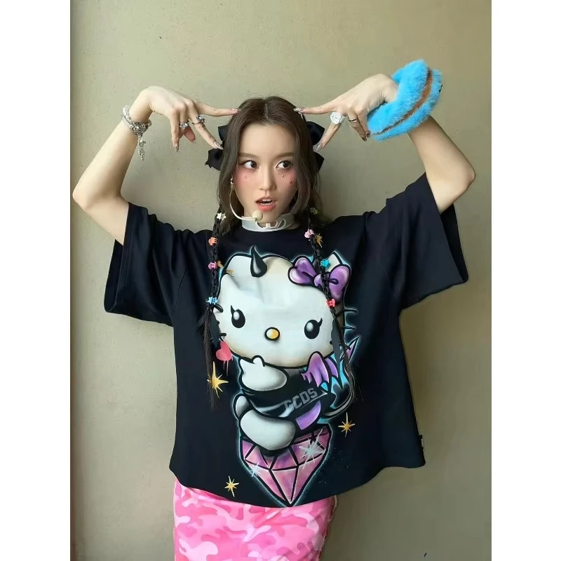 

2025 Summer New Korean Niche Instagram Limited Kitty Printed Casual Versatile Loose Cotton Comfortable Short Sleeved T-shirt Top