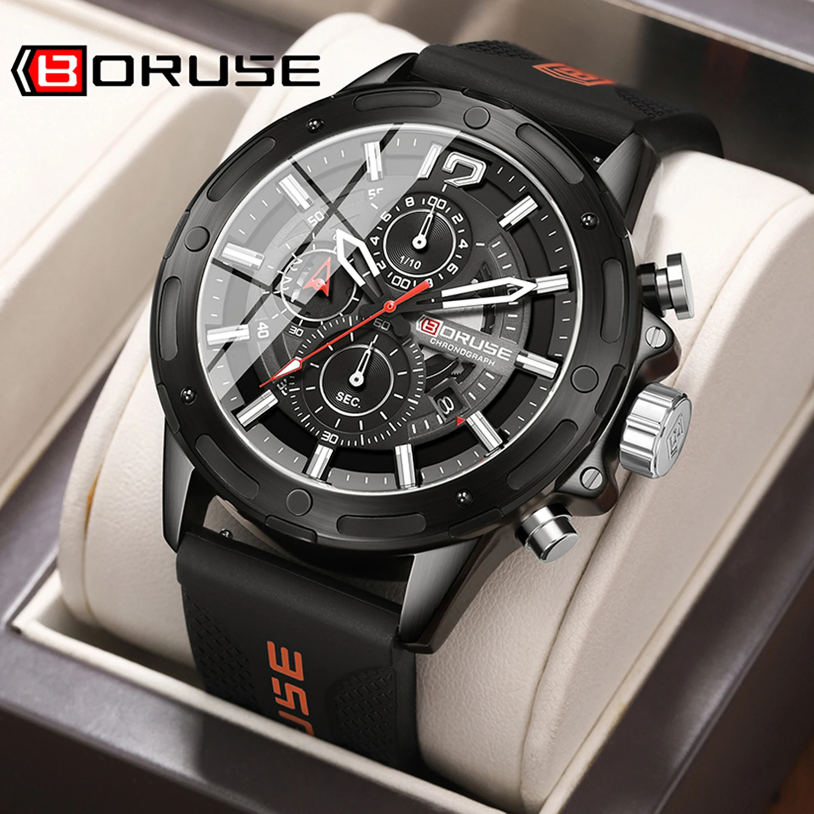 BORUSE Watches for Men Chronograph Watches Male Black Silicone Quartz Wristwatch Sports Waterproof Luminous Watch