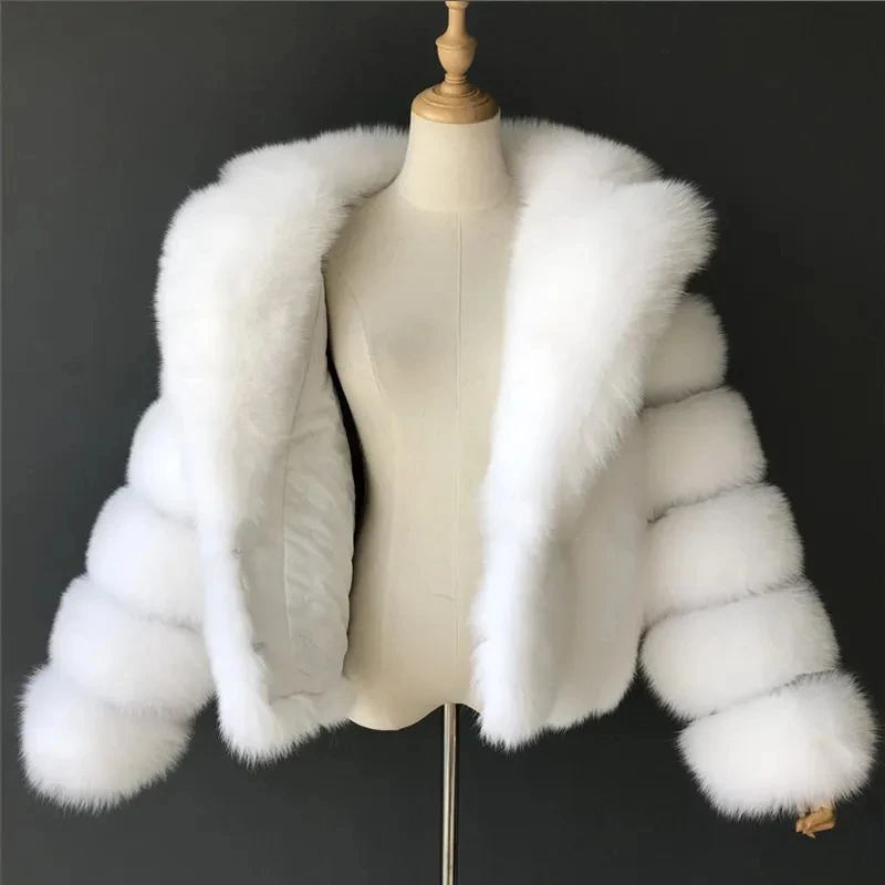 Manteau en fausse fourrure de renard pour femme, veste moelleuse, revers chaud optique, manches longues, blanc et noir, vêtements d\'extérieur de