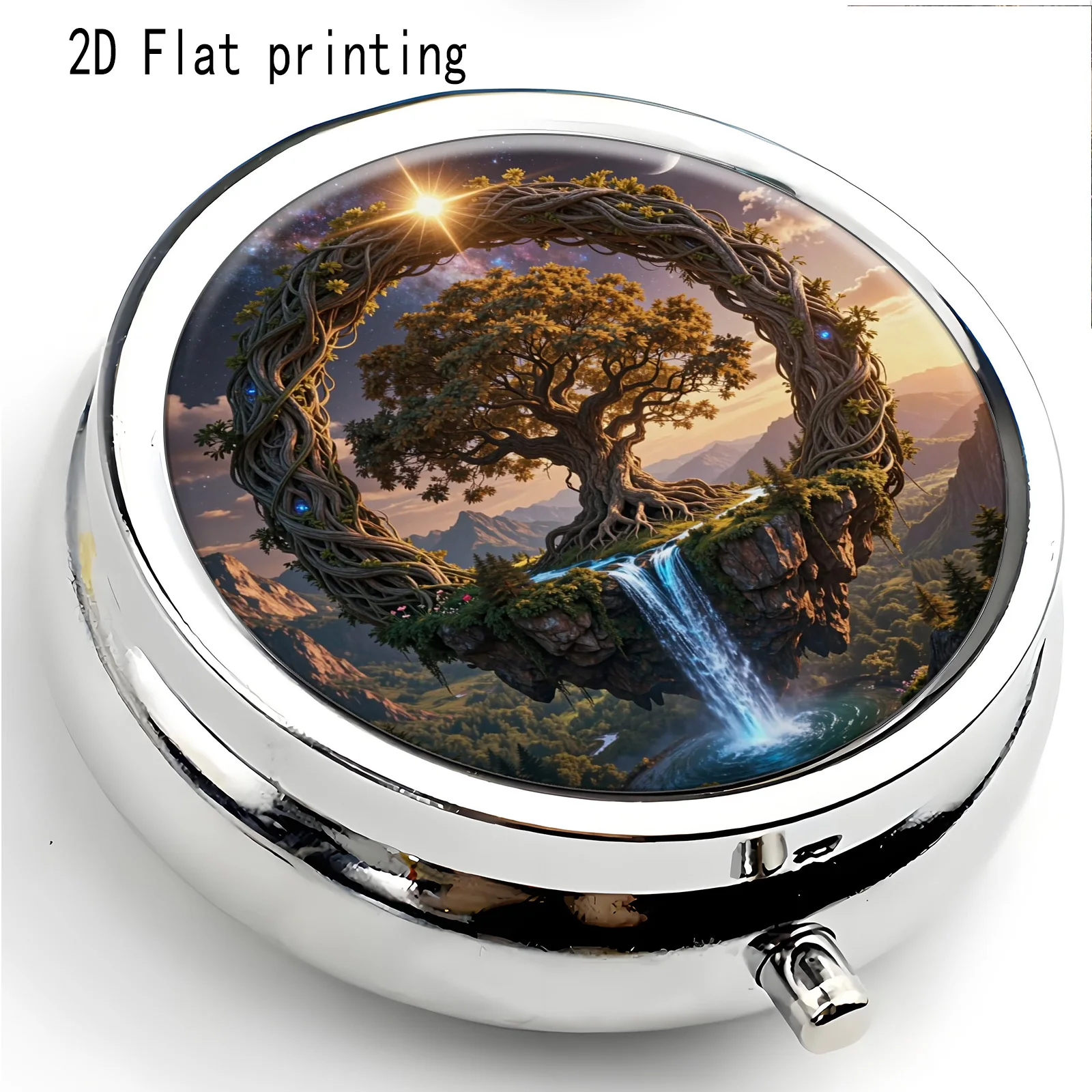 Single pack, flat print, Tree of Life with circular vines, floating islands, waterfalls, starry sky, circular multi-compartment portable box, sealed and moisture-proof, portable vitamin storage, for lovers of dreams and nature, convenient for commuting